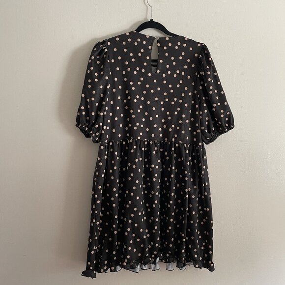 River Island Women 12 Black Crew Neck Puff Sleeve Spotted Frill Smock Mini Dress - Picture 14 of 15